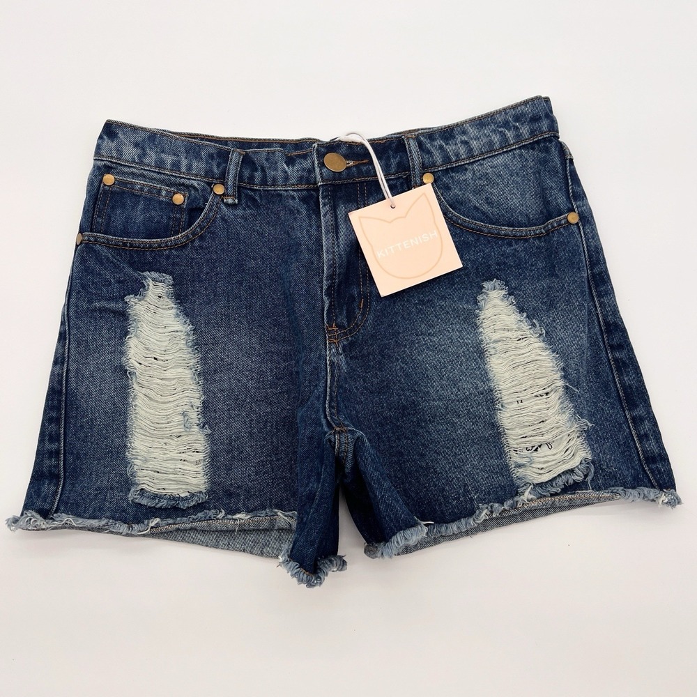 Kittenish Size Large NWT Dark Wash Frayed 100% Cotton Denim Jean Shorts